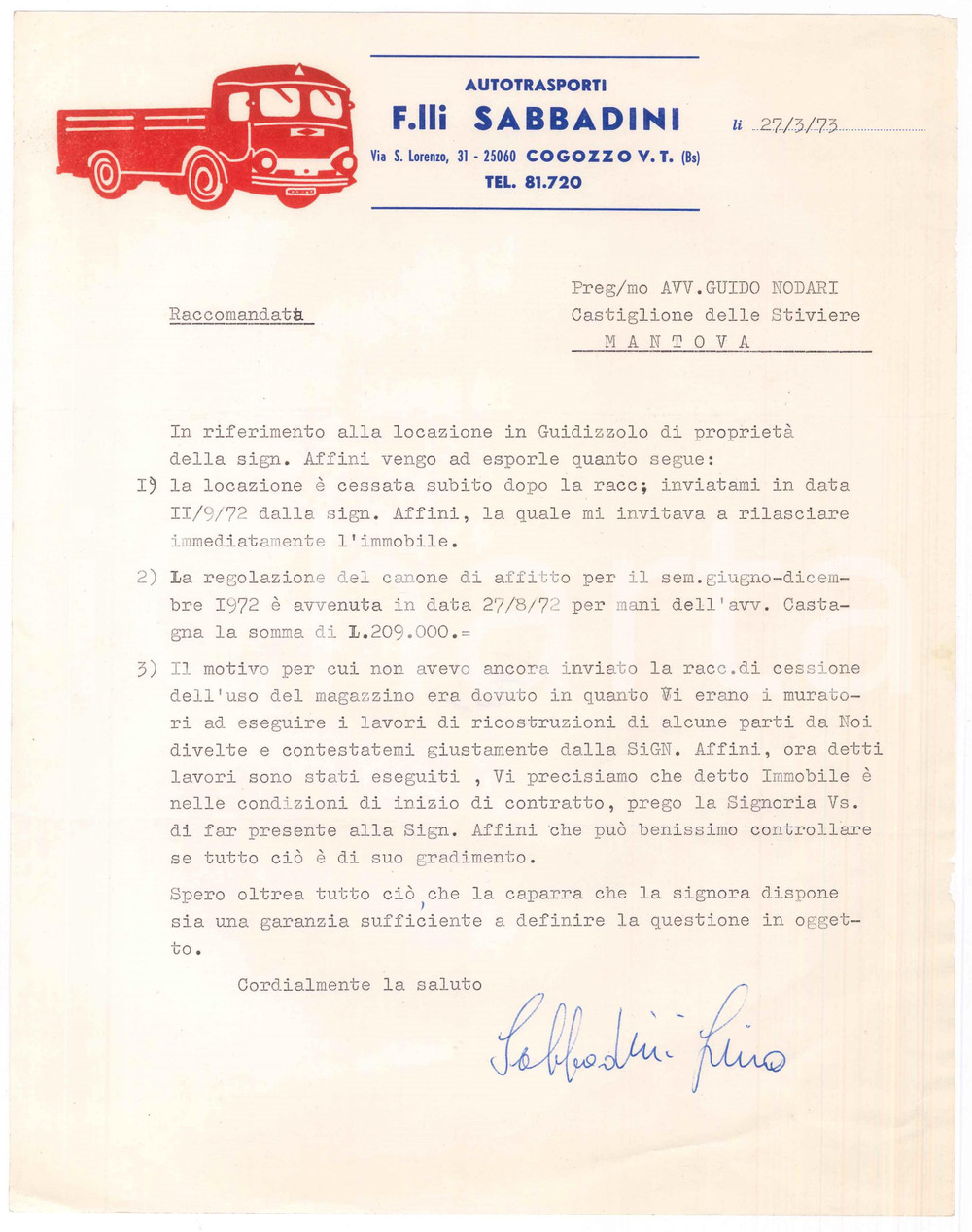 Documento originale, autentico 1973 VILLA CARCINA Frazione COGOZZO V.T. Autotrasporti SABBADINI Lettera 22x28 1