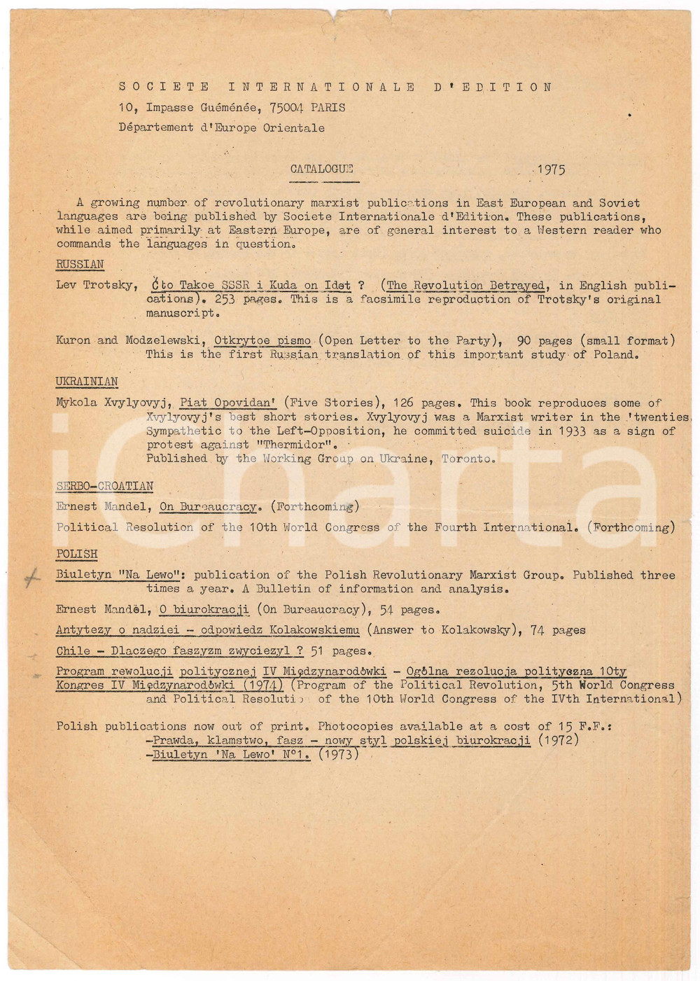 Materiale pubblicitario d’epoca 1975 PARIS SociÃ©tÃ© Internationale Edition  Europe Orientale  Catalogue 1