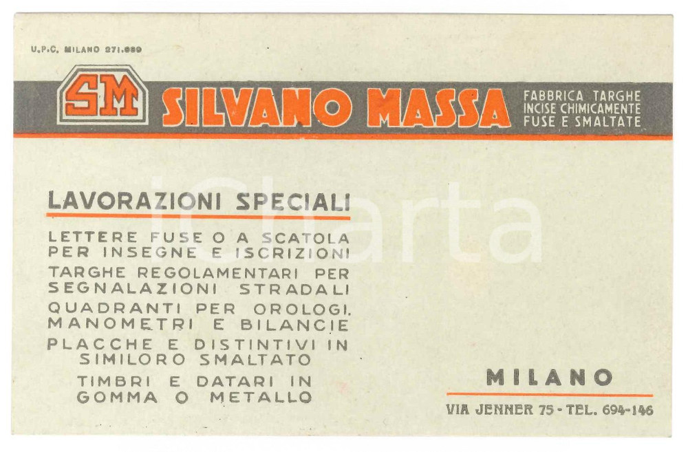 Oggetto da collezione cartaceo 1940 ca MILANO viale Jenner  Silvano MASSA Fabbrica Targhe Biglietto 1