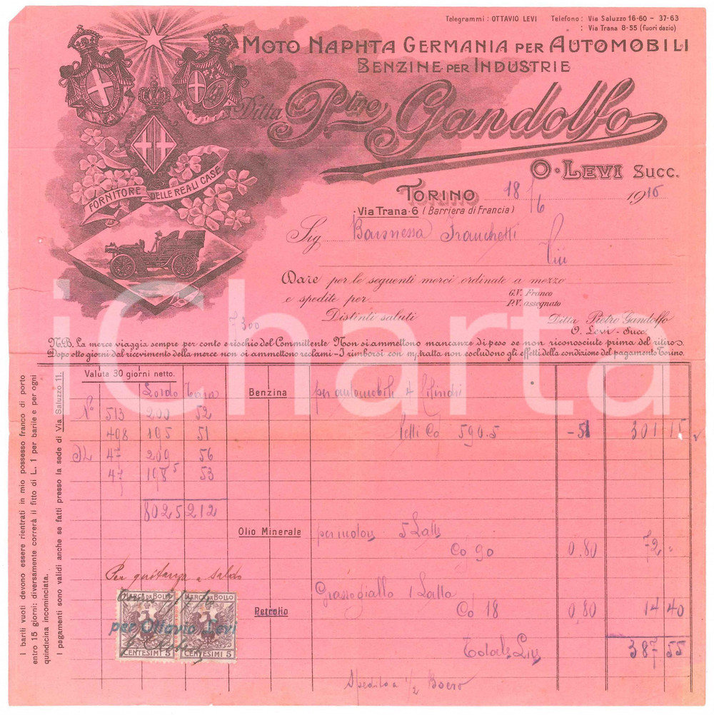 Documento originale, autentico 1916 TORINO Via Trana 6  Ditta Pietro GANDOLFO Benzine per industrie  Fattura 1