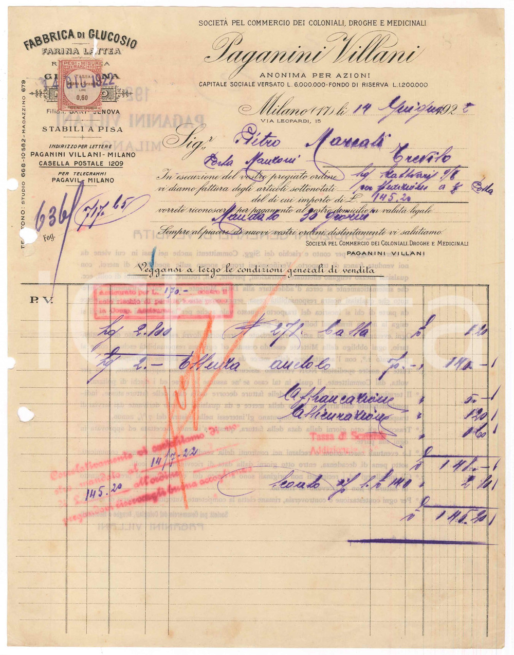 Documento originale, autentico 1922 MILANO Via Leopardi 15  Fabbrica di glucosio PAGANINI VILLANI Fattura 1