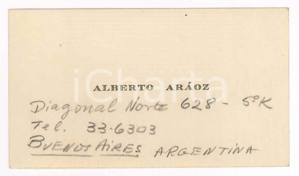 Oggetto da collezione cartaceo 1920 ca BUENOS AIRES ARGENTINA Alberto ARAOZ  Biglietto da visita 1