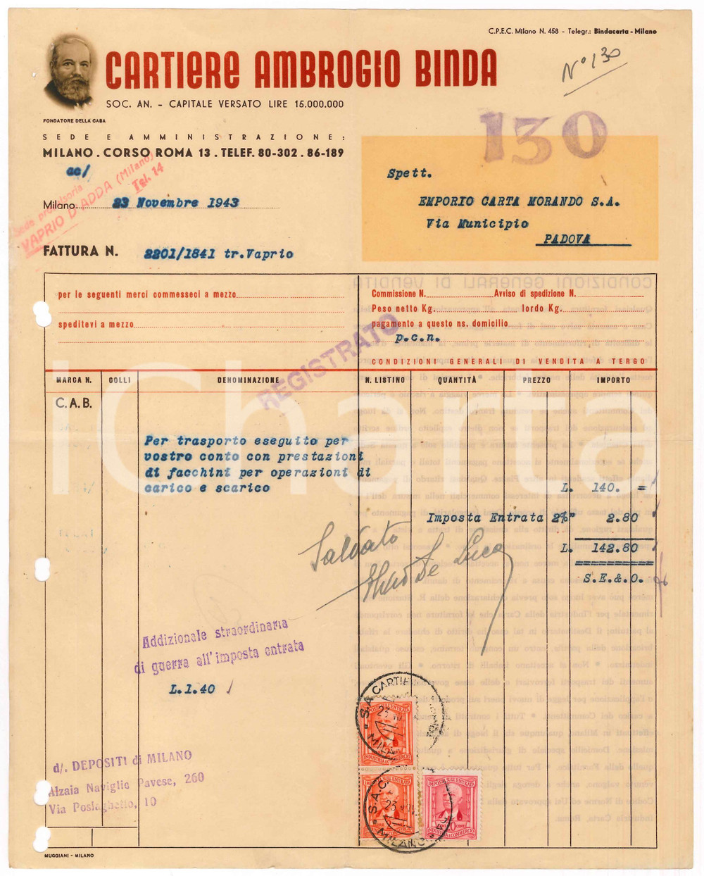 Documento originale, autentico 1943 MILANO Corso Roma 13  Cartiere Ambrogio BINDA Fattura ILLUSTRATA 22x28 cm 1