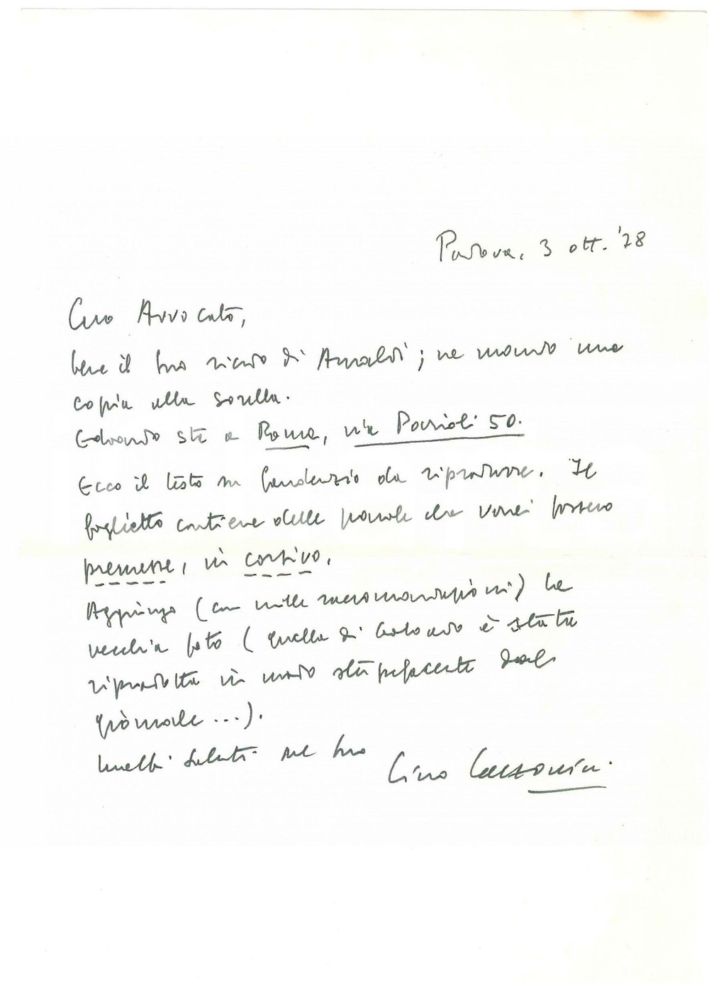 Autografo originale 1978 PADOVA Lettera Lino LAZZARINI per testo da riprodurre Autografo 1