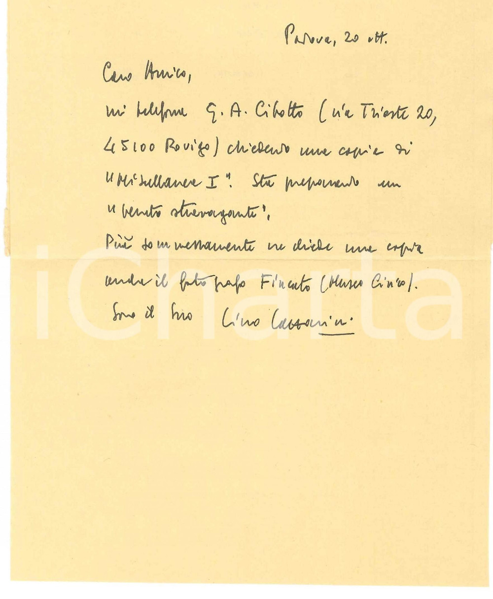 Autografo originale 1981 PADOVA Lettera Lino LAZZARINI per richiesta di un libro Autografo 1