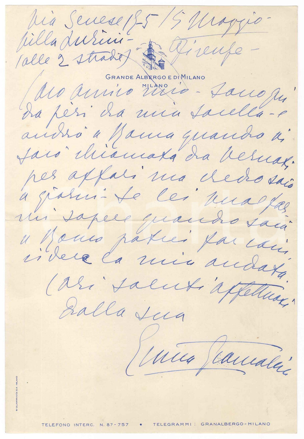 Autografo originale 1950 ca FIRENZE Emma GRAMATICA in visita dalla sorella Irma Lettera AUTOGRAFA 1