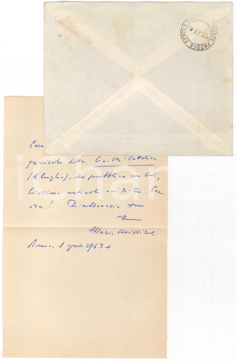 Autografo originale 1963 ROMA IL MESSAGGERO Mario MISSIROLI segnala articolo a un amico AUTOGRAFO 1