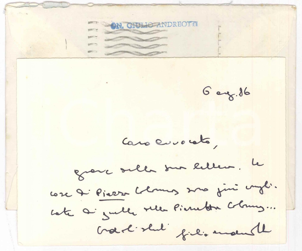 Autografo originale 1986 ROMA On. Giulio ANDREOTTI  Biglietto AUTOGRAFO a un amico avvocato 1