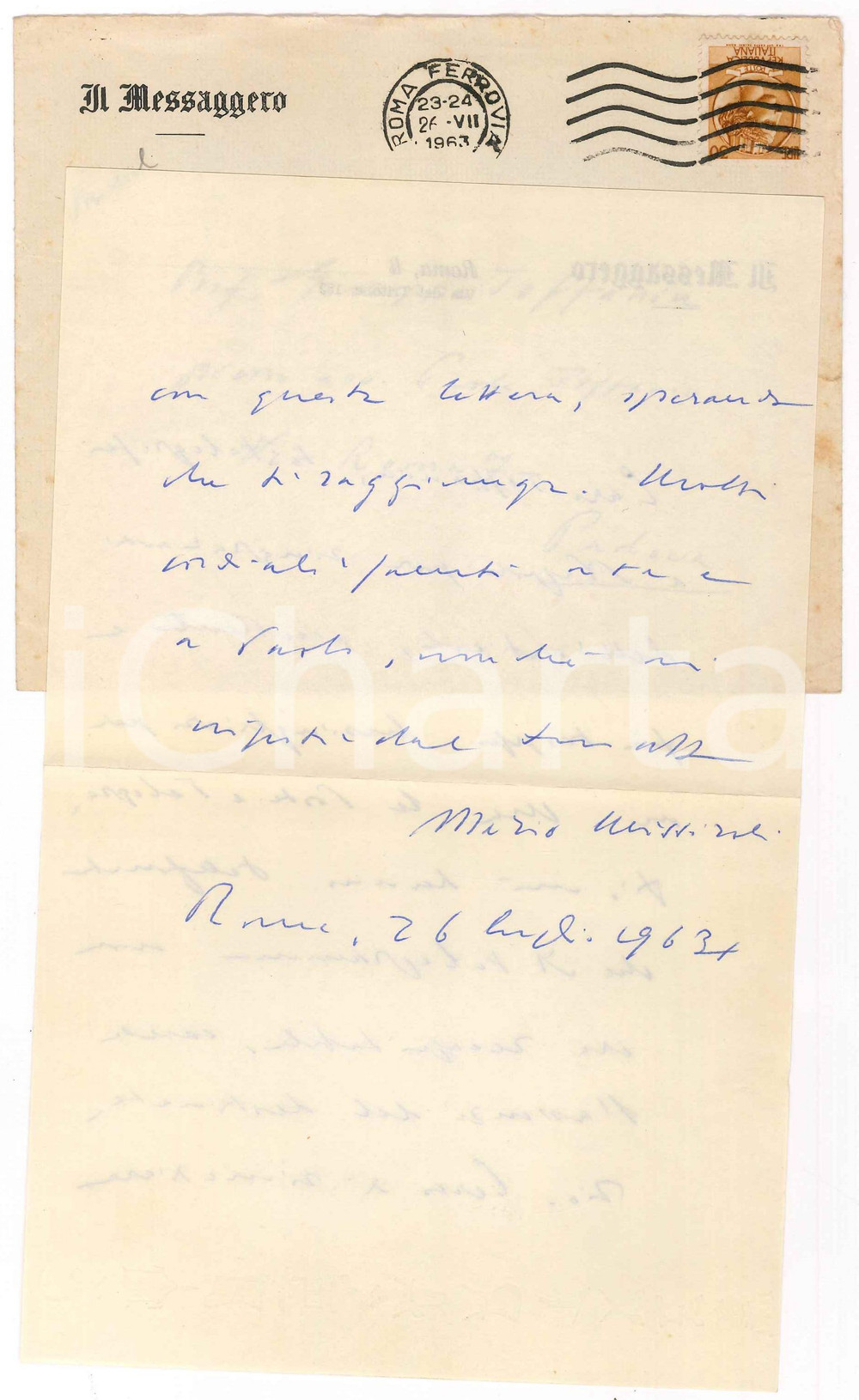 Autografo originale 1963 ROMA IL MESSAGGERO Mario MISSIROLI ringrazia per un articolo AUTOGRAFO 1