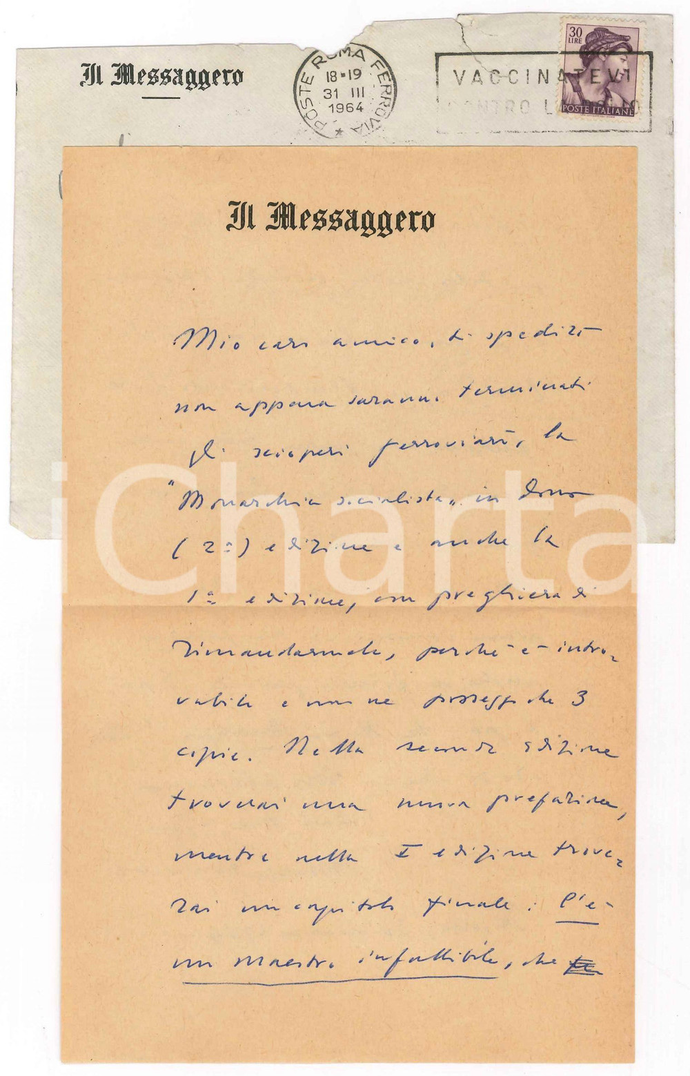 Autografo originale 1964 ROMA Mario MISSIROLI promette di spedire Monarchia socialista AUTOGRAFO 1