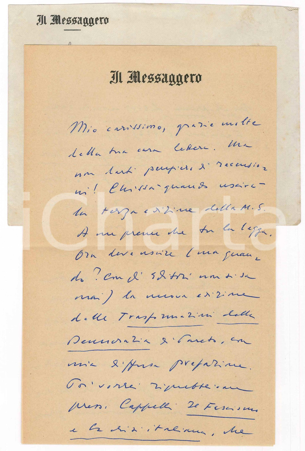 Autografo originale 1964 ROMA IL MESSAGGERO Lettera Mario MISSIROLI per recensione AUTOGRAFO 1