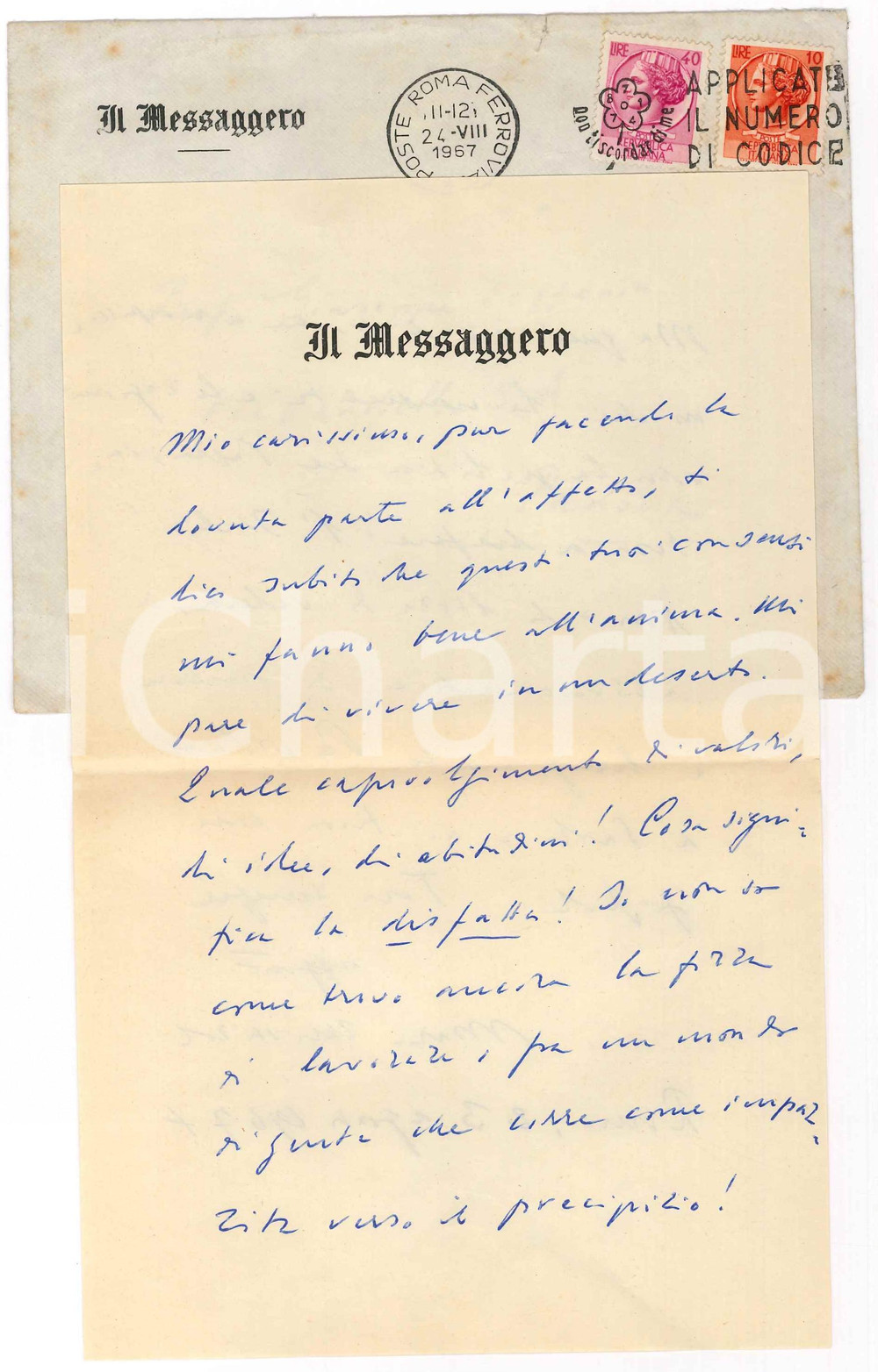 Autografo originale 1967 ROMA Mario MISSIROLI Mi pare di vivere in un deserto  AUTOGRAFO 1