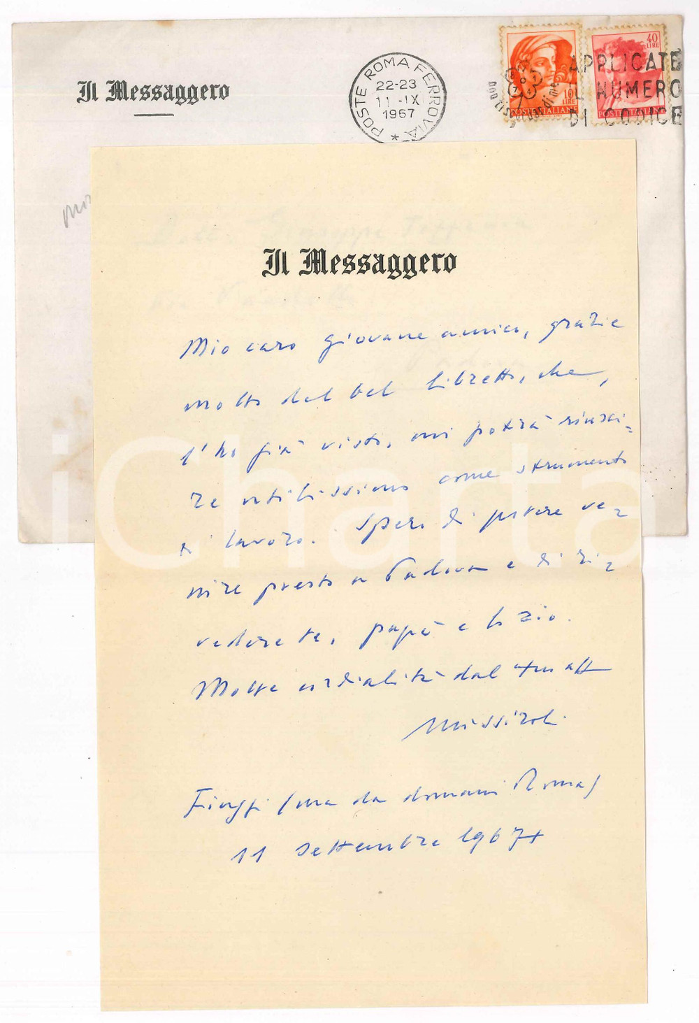 Autografo originale 1967 FIUGGI Lettera Mario MISSIROLI ringraziamento  Il Messaggero AUTOGRAFO 1
