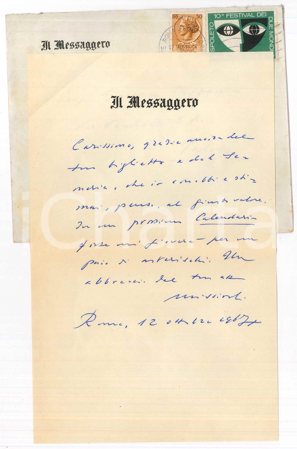Autografo originale 1967 ROMA IL MESSAGGERO Lettera Mario MISSIROLI per ringraziamento AUTOGRAFO 1