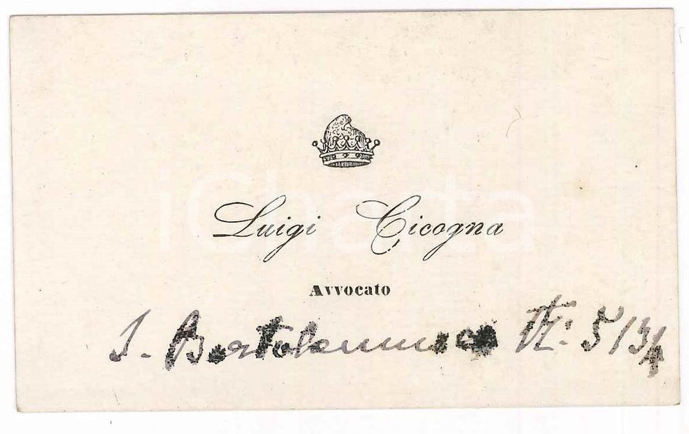 Autografo originale 1900 ca Luigi CICOGNA avvocato  Biglietto da visita autografo 1