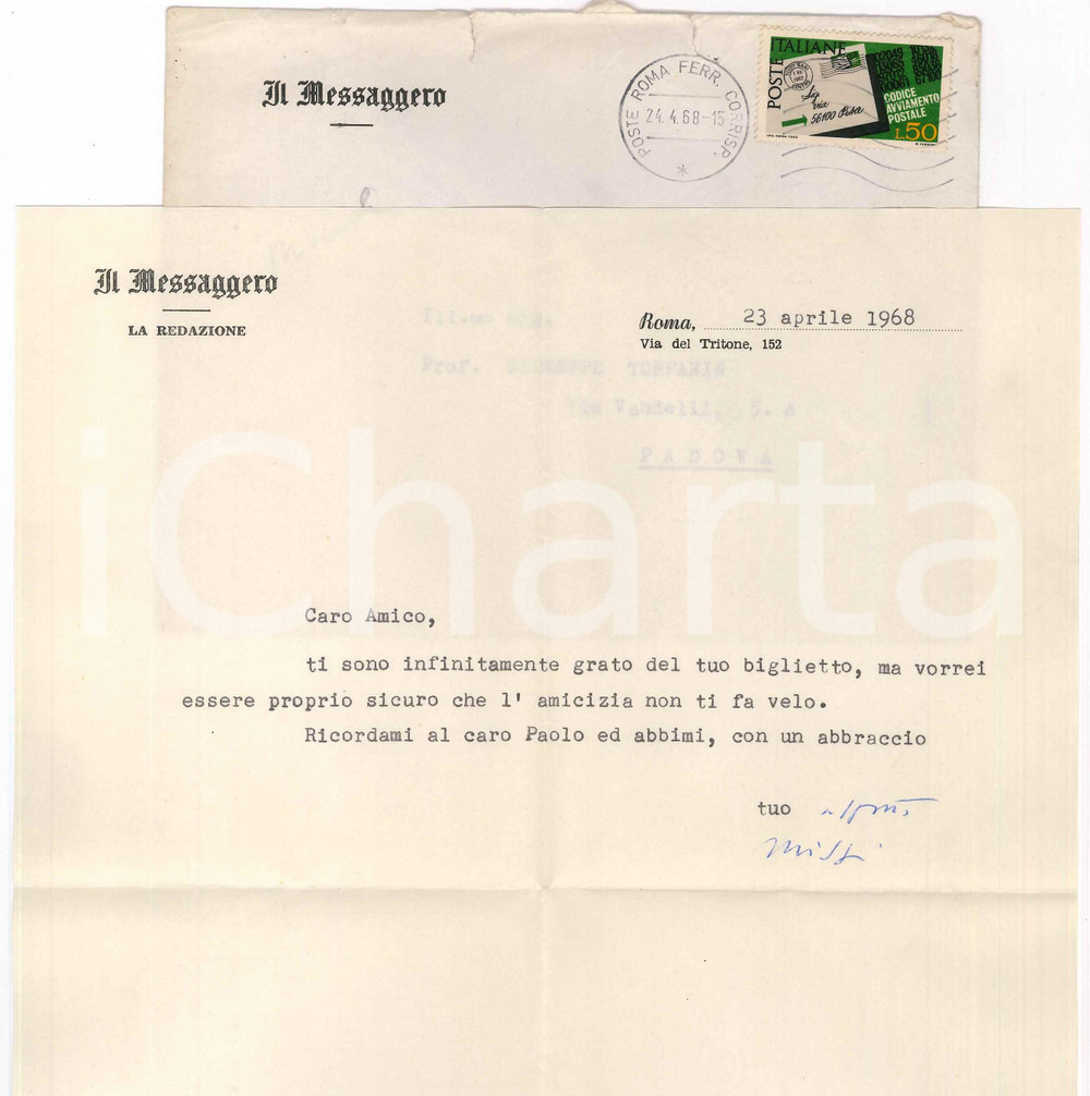 Autografo originale 1968 ROMA IL MESSAGGERO Mario MISSIROLI ringrazia un amico AUTOGRAFO 1