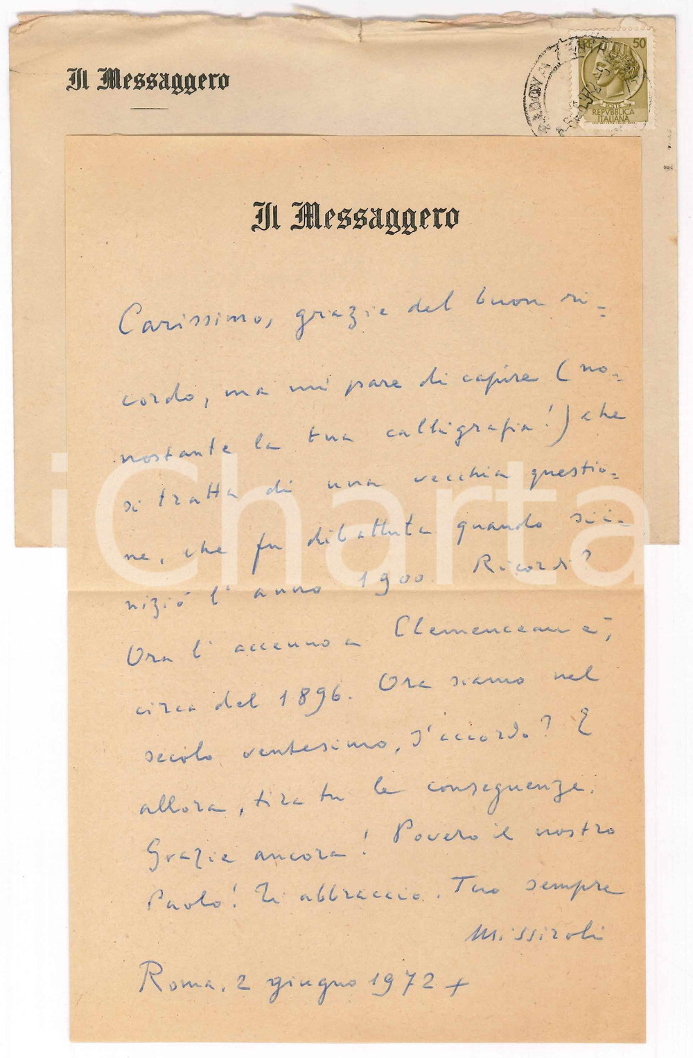Autografo originale 1972 ROMA IL MESSAGGERO Lettera Mario MISSIROLI per ringraziamento AUTOGRAFO 1