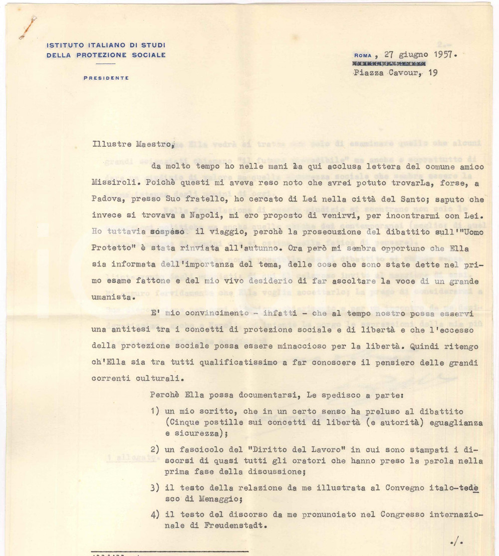 Autografo originale 1957 ROMA Lettera Guido Maria BALDI  Protezione sociale e libertÃ  AUTOGRAFO 1