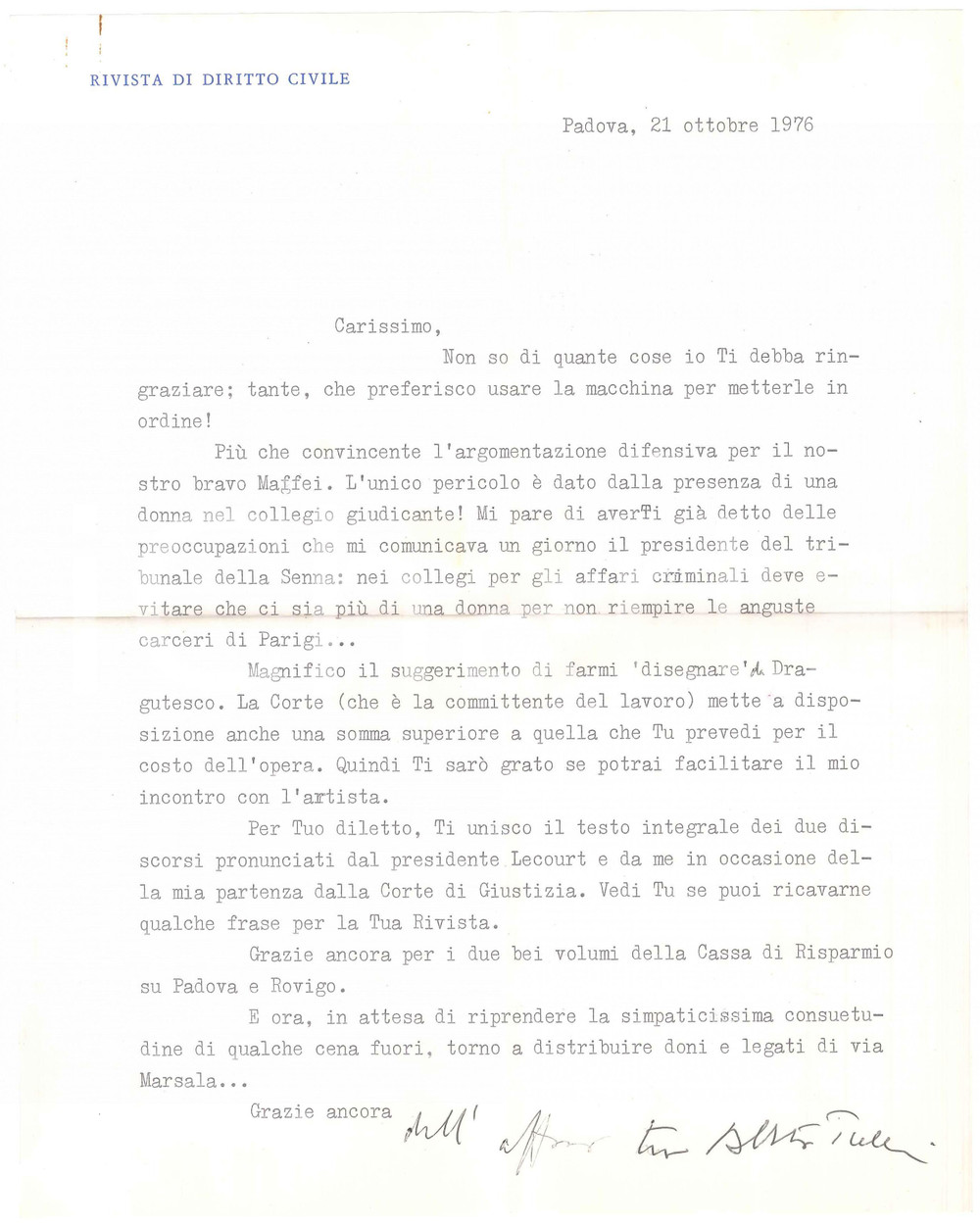 Autografo originale 1976 PADOVA Alberto TRABUCCHI sulle donne nei collegi giudicanti AUTOGRAFO 1