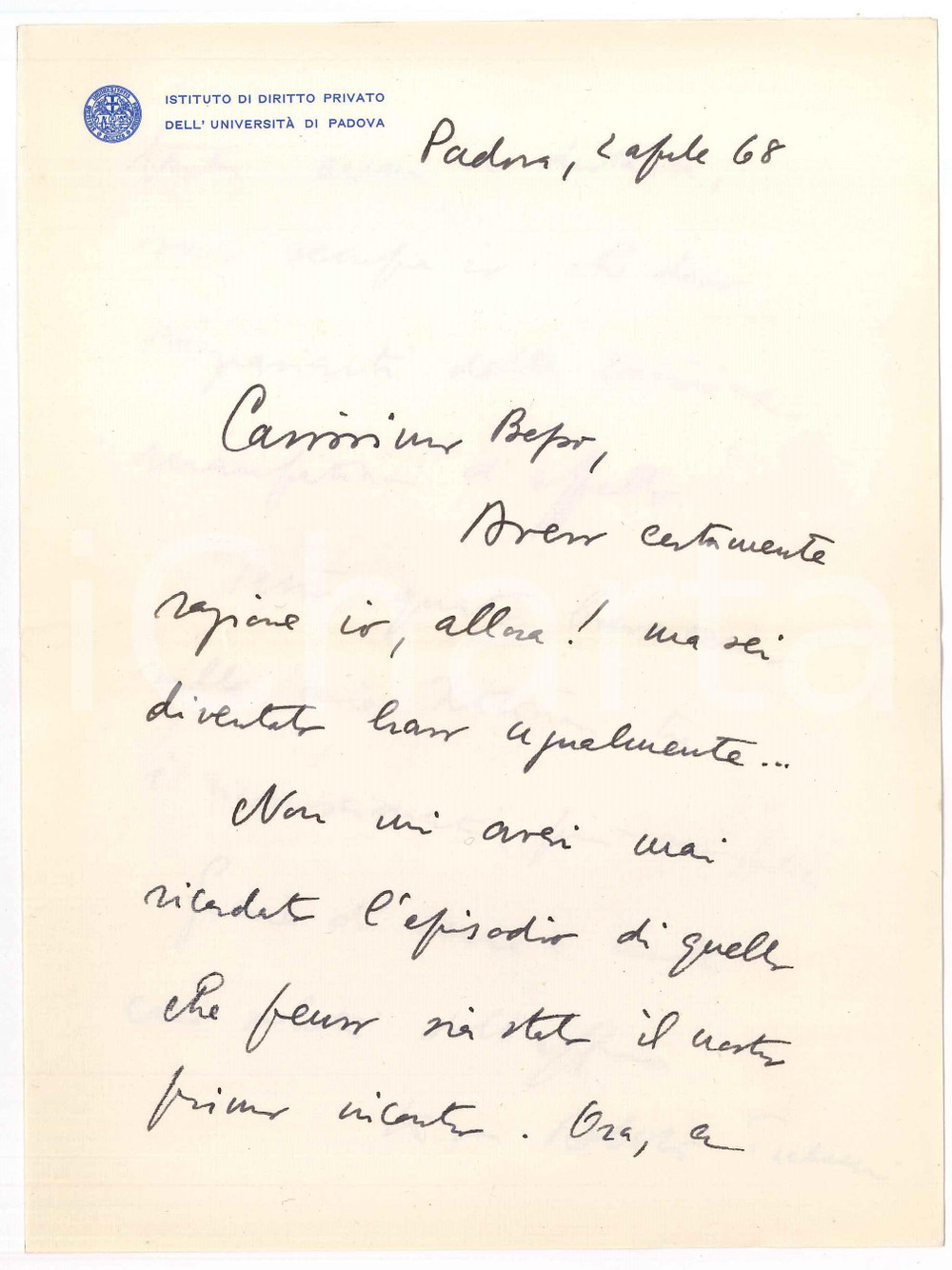 Autografo originale 1968 PADOVA Lettera Alberto TRABUCCHI per ringraziamenti Autografo 1