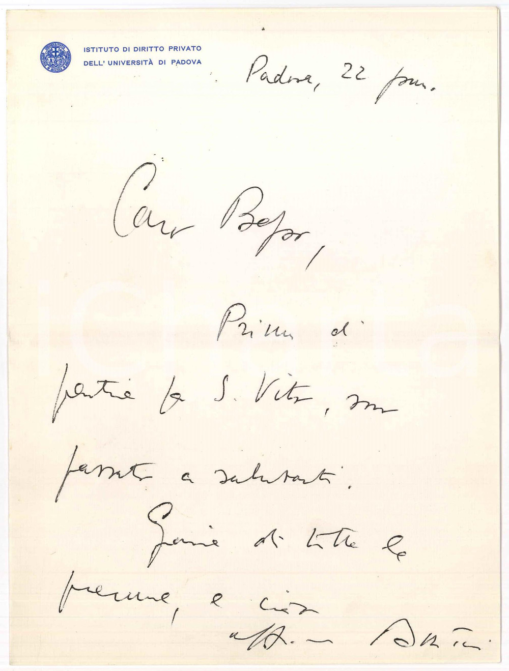 Autografo originale 1970 ca PADOVA Lettera Alberto TRABUCCHI per ringraziamento Autografo 1