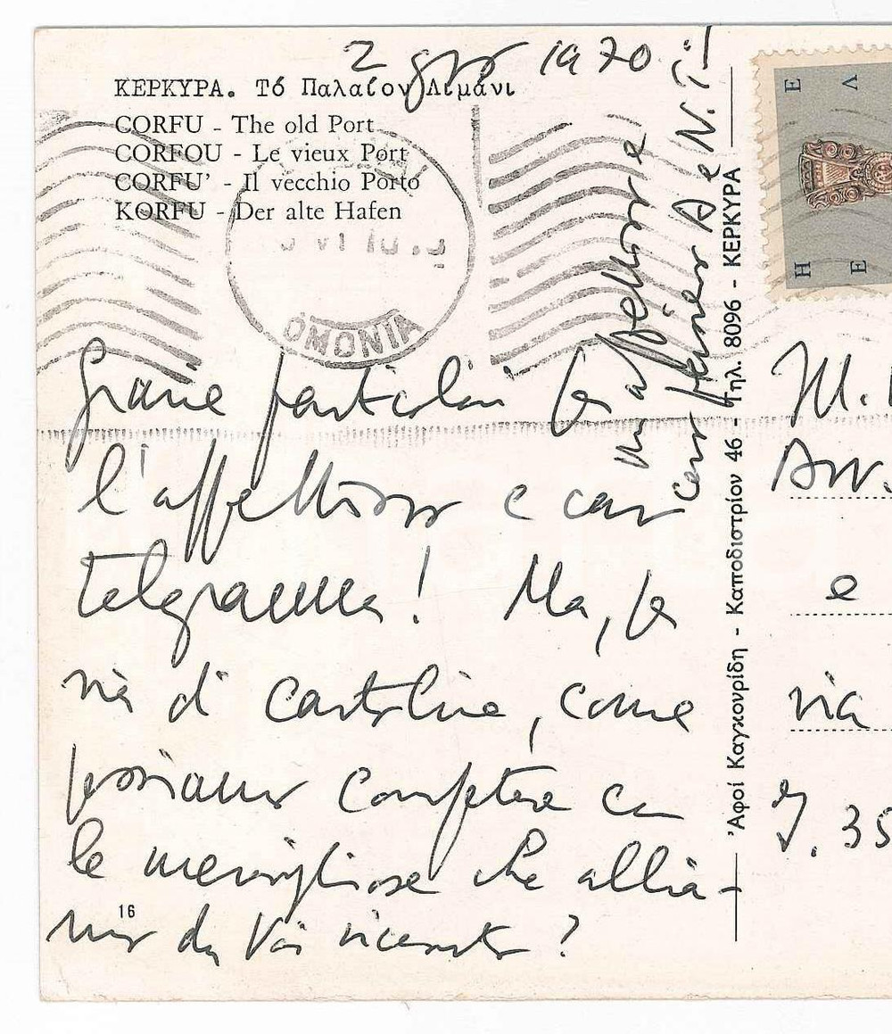 Autografo originale 1970 ca CORFU  GRECIA Alberto TRABUCCHI  Cartolina postale AUTOGRAFA 1