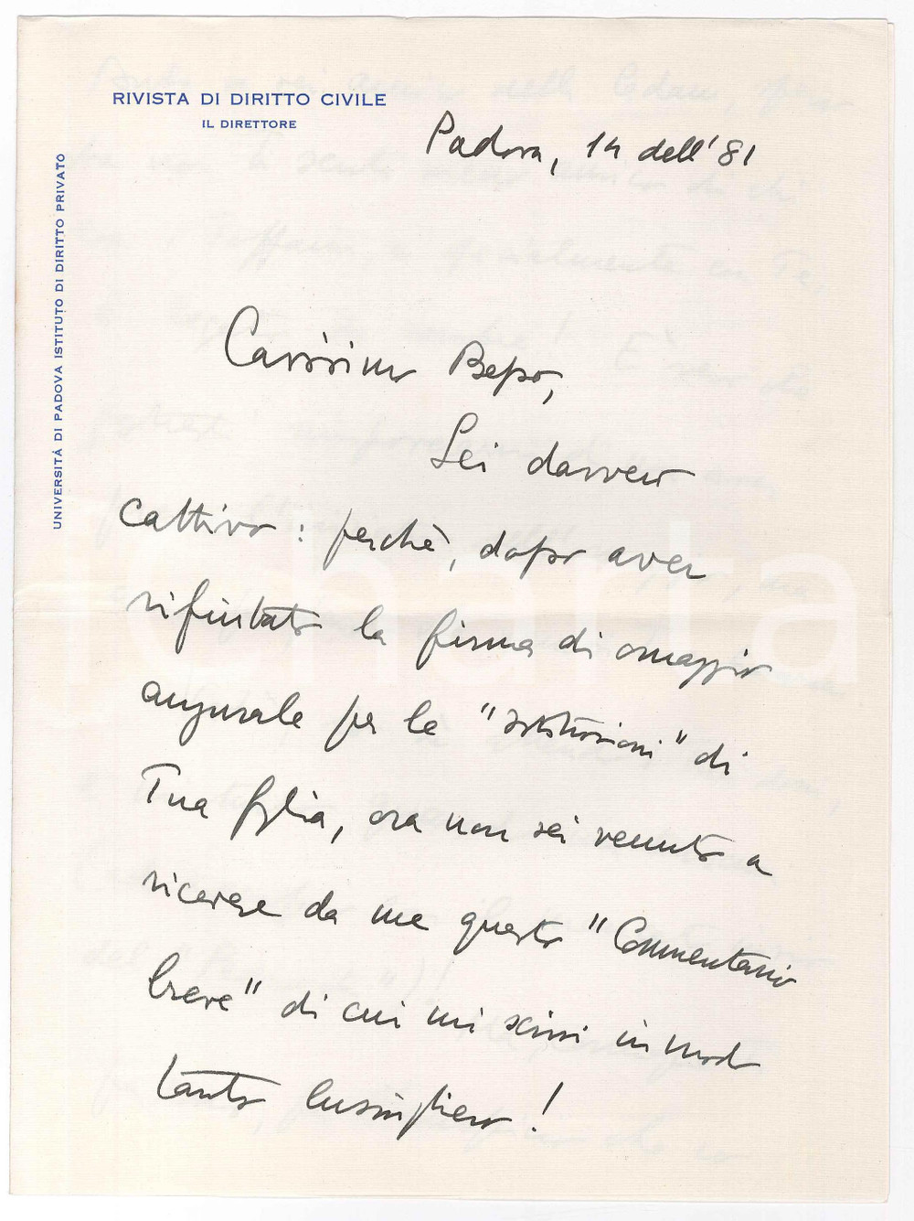 Autografo originale 1981 PADOVA Lettera Alberto TRABUCCHI su dono Commentario breve AUTOGRAFO 1