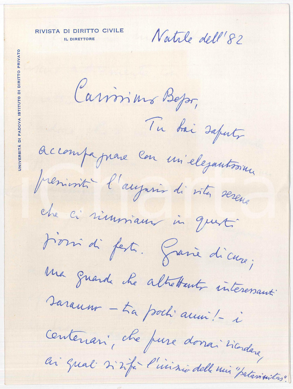 Autografo originale Natale 1982 PADOVA Lettera Alberto TRABUCCHI per auguri Autografo 1