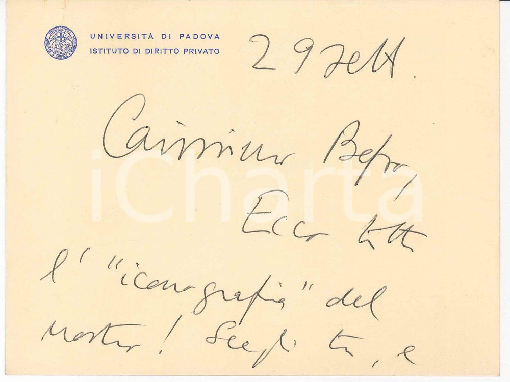 Autografo originale 1970 ca PADOVA Prof. Alberto TRABUCCHI  Biglietto ringraziamento AUTOGRAFO 1