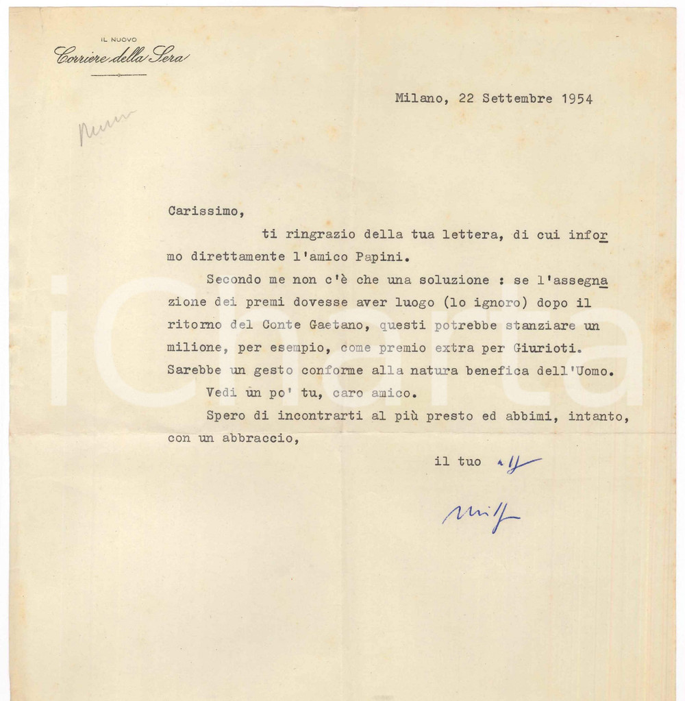 Autografo originale 1954 MILANO Lettera Mario MISSIROLI su Premio Marzotto  AUTOGRAFO 1