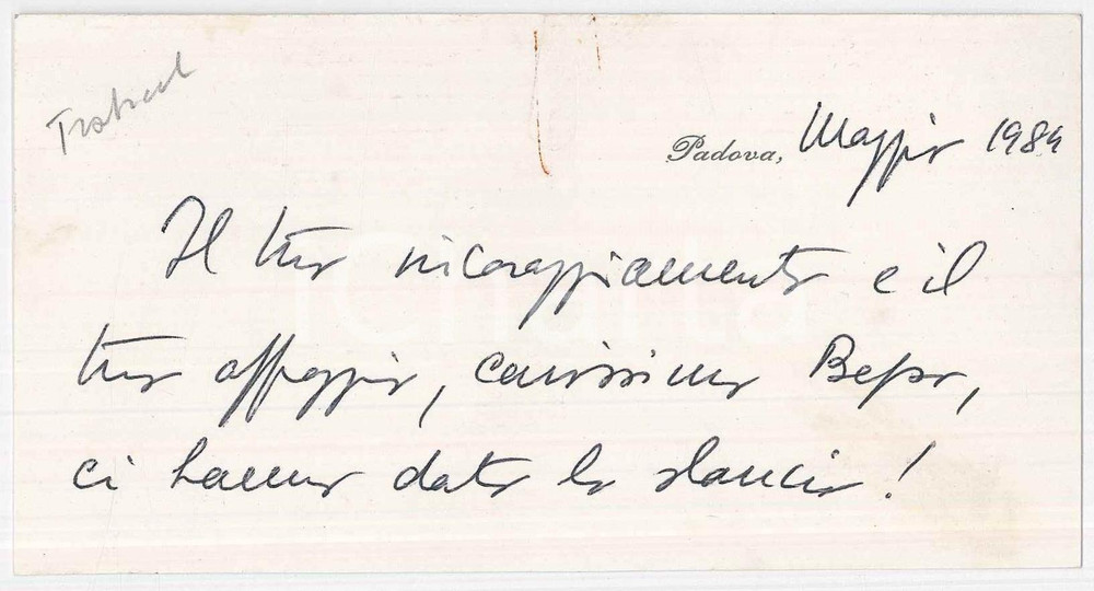 Autografo originale 1984 PADOVA Prof. Alberto TRABUCCHI  Biglietto ringraziamento AUTOGRAFO 1