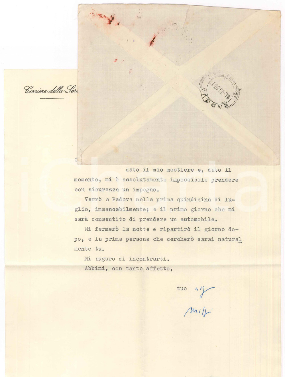 Autografo originale 1956 MILANO Corriere della Sera  Mario MISSIROLI su appuntamento  AUTOGRAFO 1