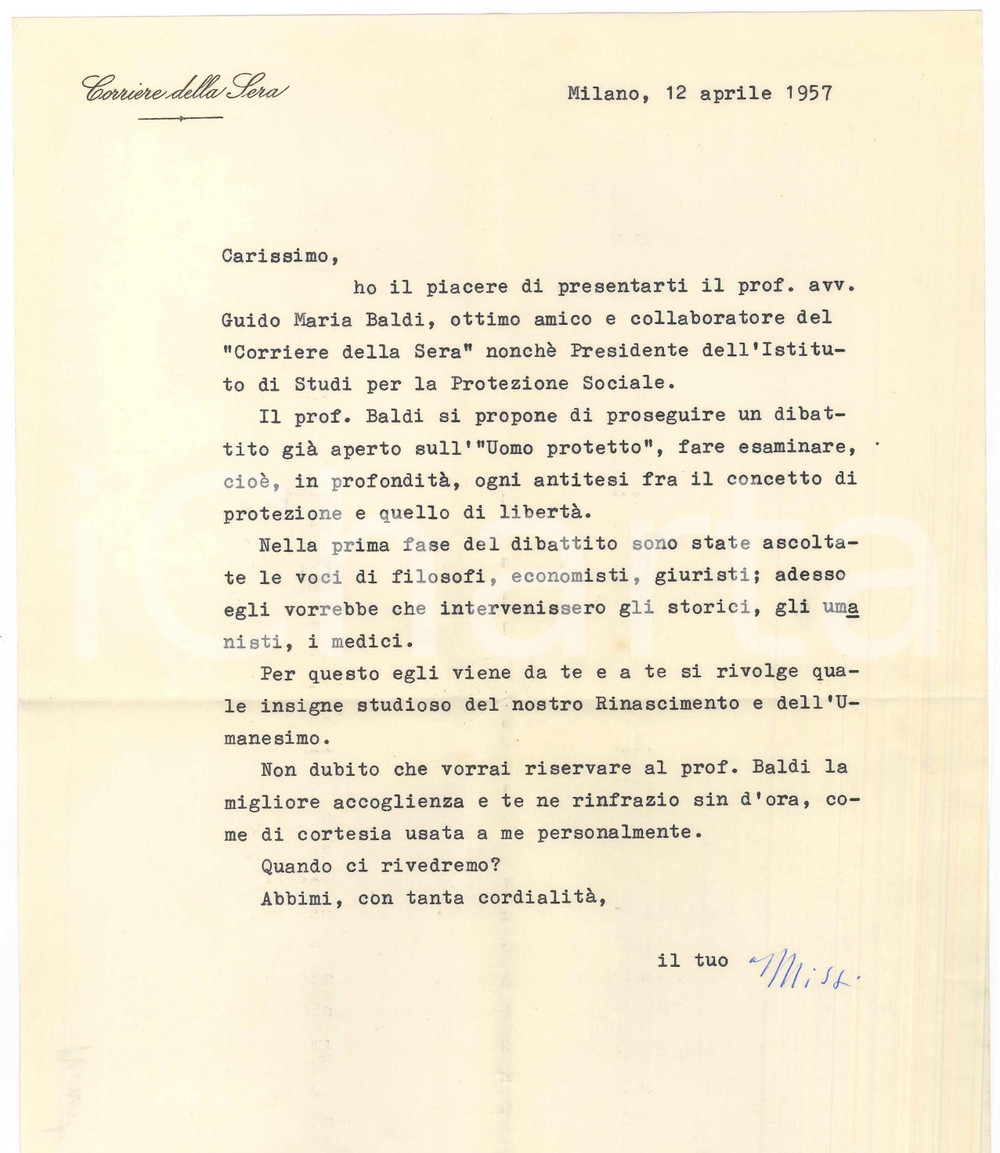 Autografo originale 1957 MILANO Lettera Mario MISSIROLI pro Guido Maria Baldi AUTOGRAFO 1