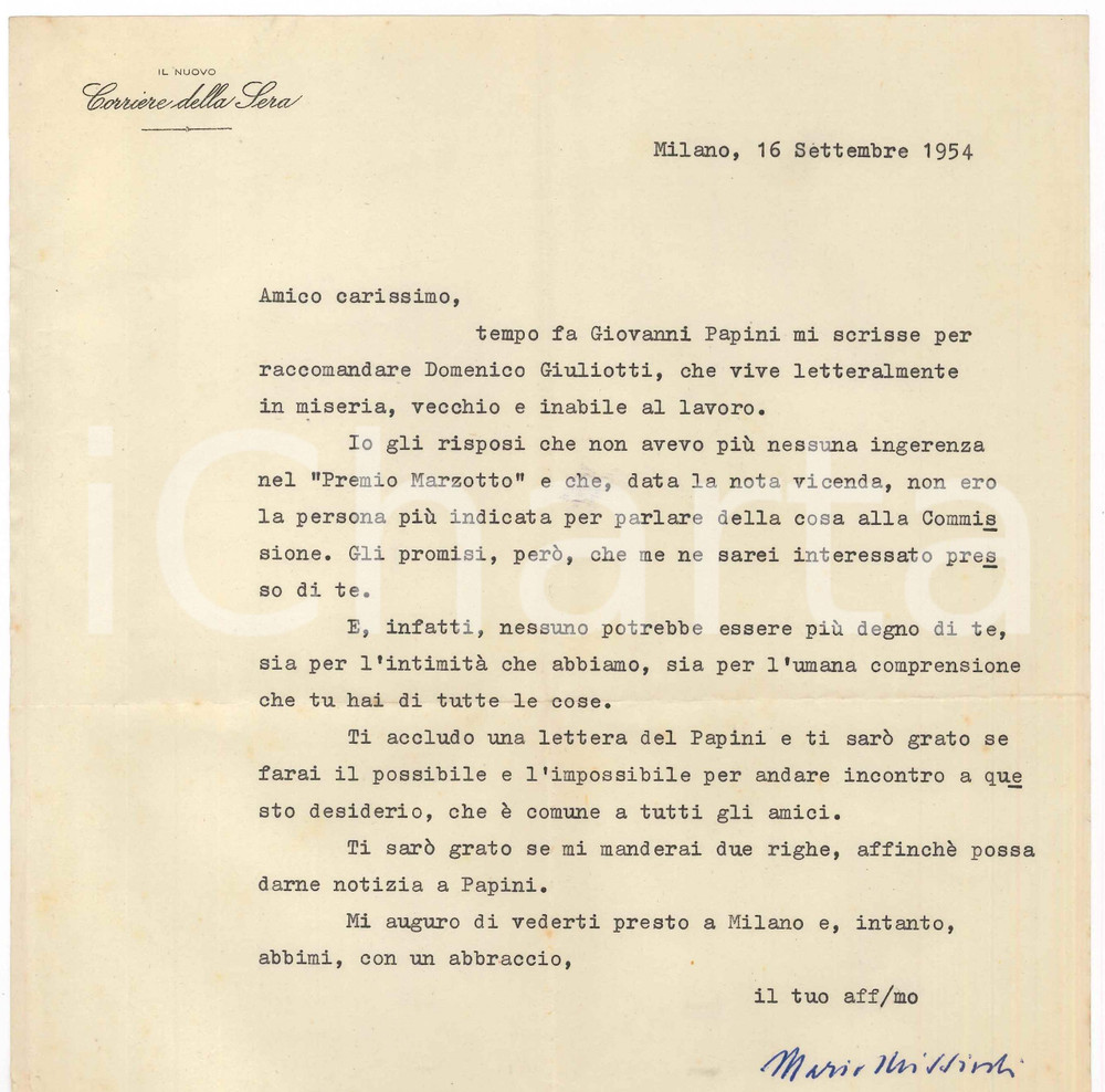 Autografo originale 1954 MILANO Lettera Mario MISSIROLI pro amico di Giovanni Papini AUTOGRAFO 1
