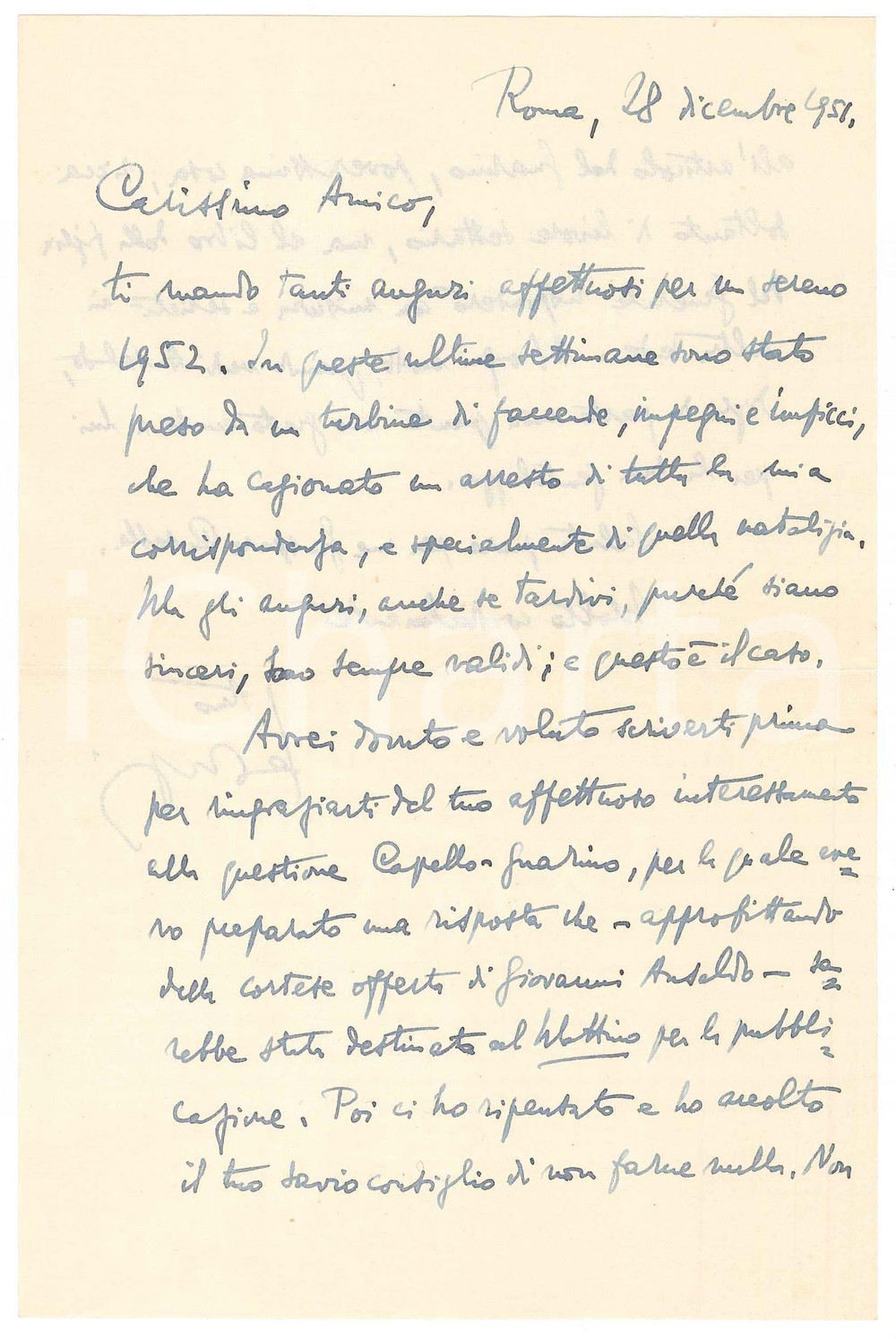 Autografo originale 1951 ROMA Luigi FEDERZONI rinuncia alla risposta a un detrattore  AUTOGRAFO 1