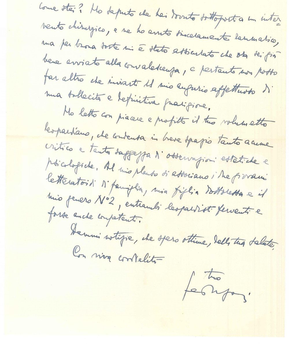 Autografo originale 1952 ROMA Luigi FEDERZONI ringrazia per un volumetto leopardiano  AUTOGRAFO 1