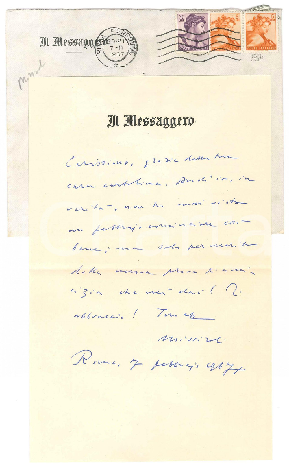 Autografo originale 1967 ROMA IL MESSAGGERO Lettera Mario MISSIROLI a un amico AUTOGRAFO 1