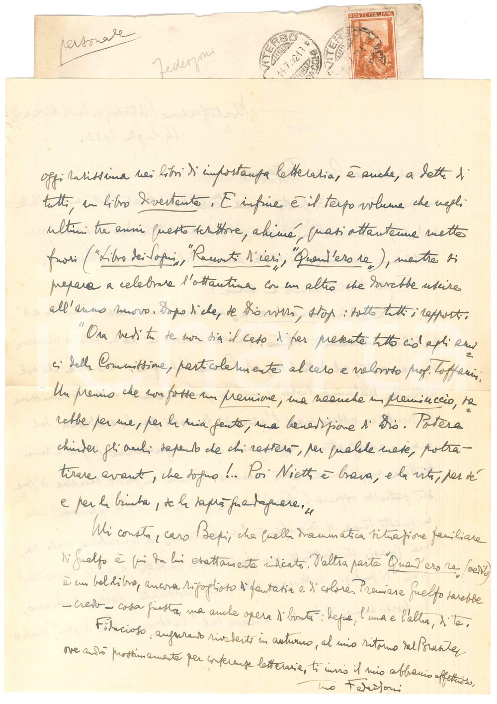 Autografo originale 1952 MONTEFIASCONE Luigi FEDERZONI su premio per Guelfo CIVININI  AUTOGRAFO 1