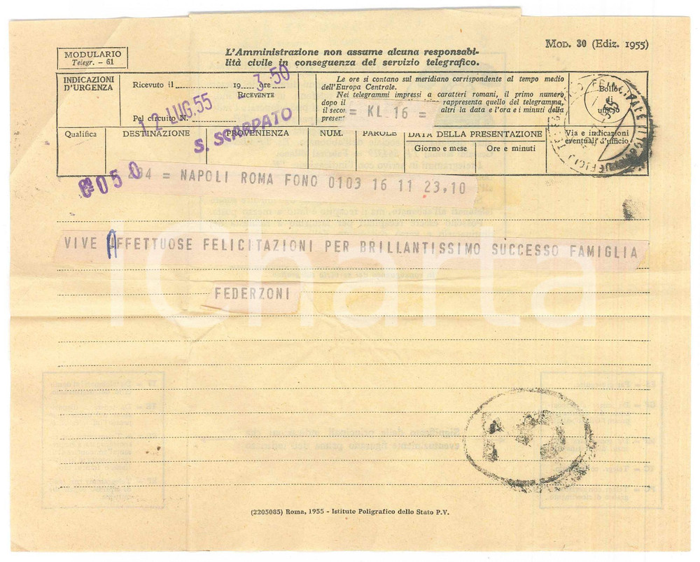 Documento originale, autentico 1955 ROMA Telegramma Luigi FEDERZONI per felicitazioni a un amico 1