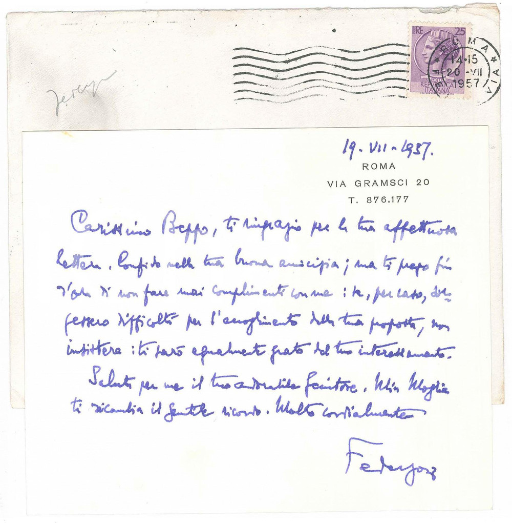Autografo originale 1957 ROMA Luigi FEDERZONI ringrazia un amico per l interessamento  AUTOGRAFO 1