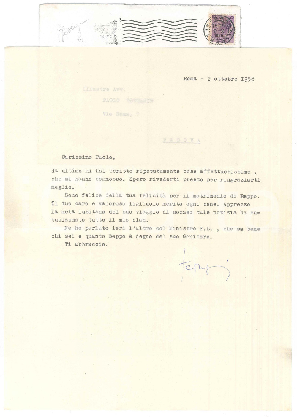 Autografo originale 1958 ROMA Lettera Luigi FEDERZONI  Auguri per un matrimonio  AUTOGRAFO 1