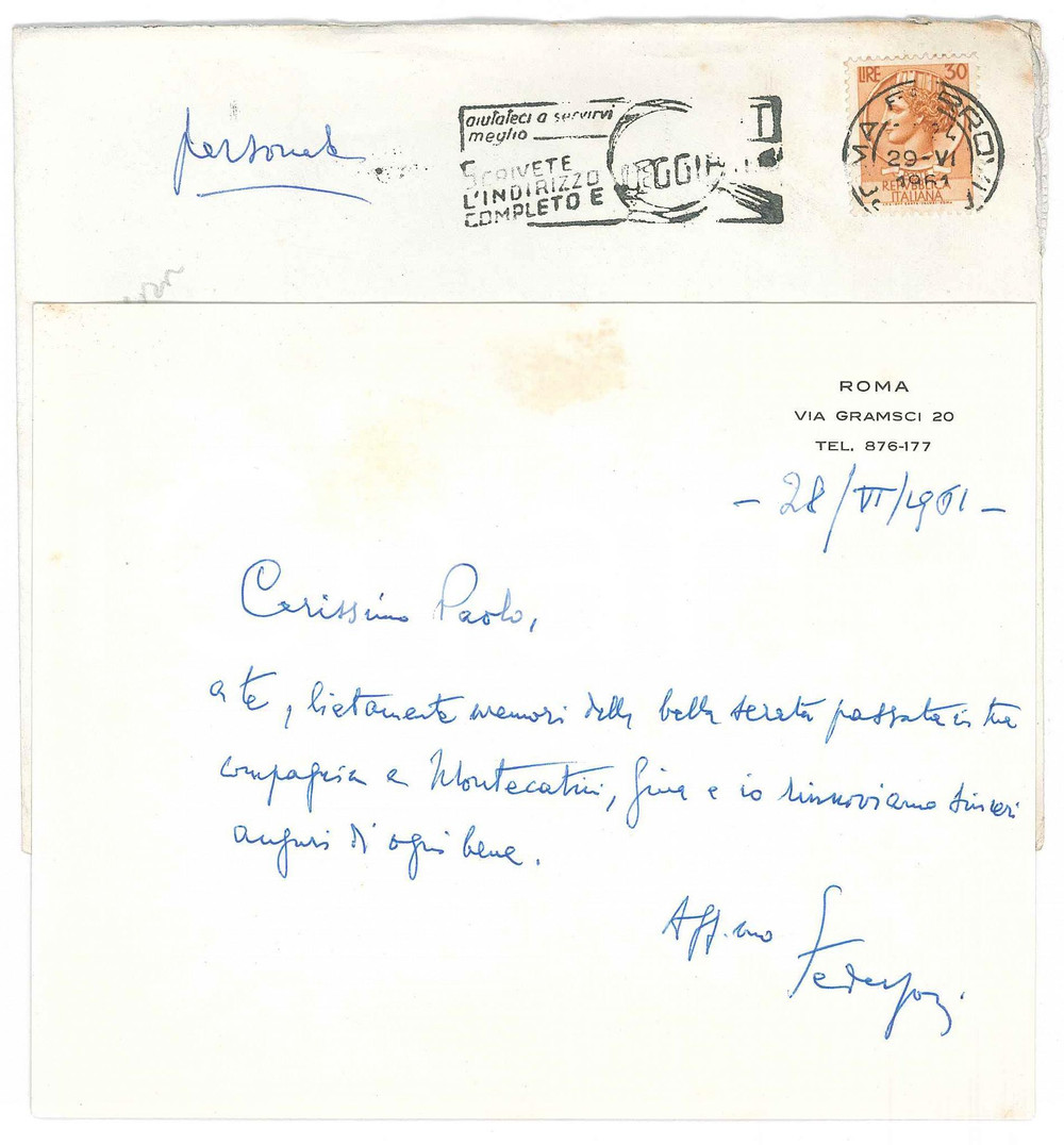 Autografo originale 1961 ROMA Luigi FEDERZONI a un amico  Biglietto di auguri AUTOGRAFO 1