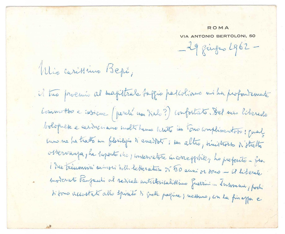 Autografo originale 1962 ROMA Luigi FEDERZONI dal proemio di un amico  Biglietto AUTOGRAFO 1