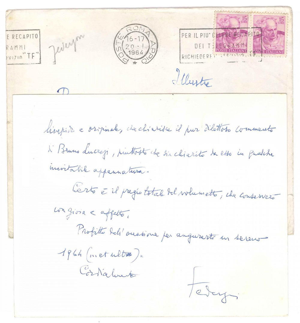 Autografo originale 1964 ROMA Luigi FEDERZONI loda il libro di un amico  AUTOGRAFO 1