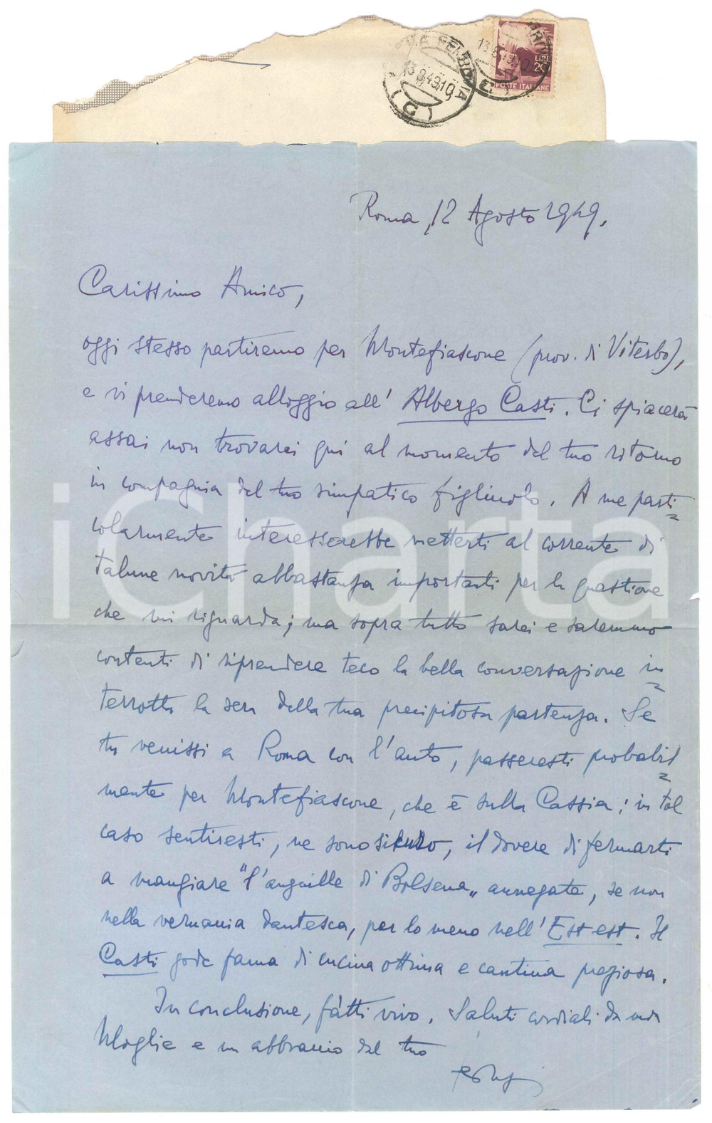 Autografo originale 1949 ROMA Lettera Luigi FEDERZONI in partenza per Montefiascone  AUTOGRAFO 1