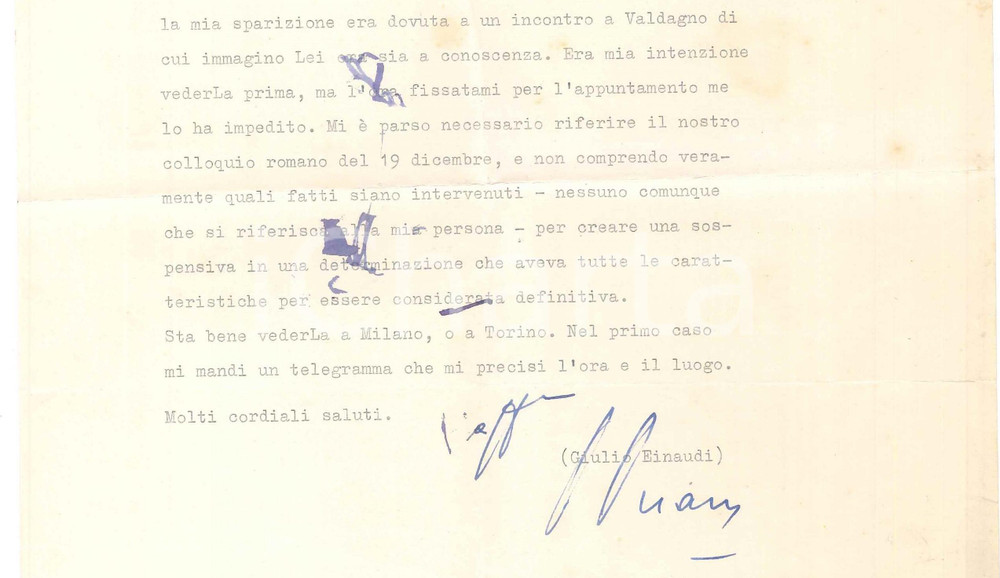 Autografo originale 1951 TORINO Lettera Giulio EINAUDI a un avvocato dopo incontro Autografo 1