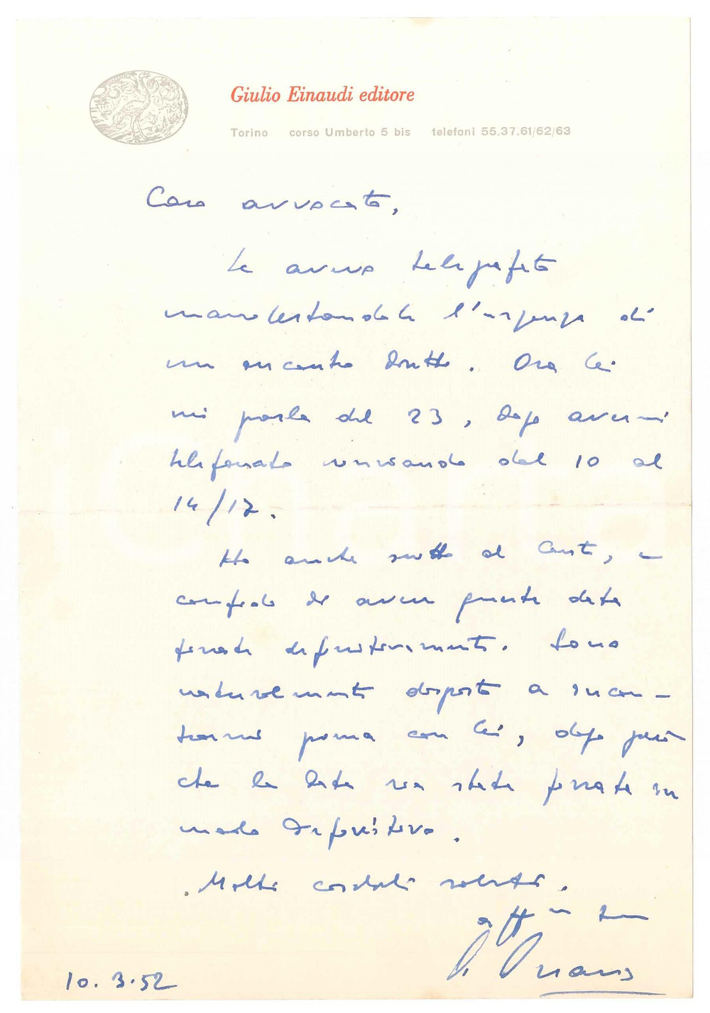 Autografo originale 1952 TORINO Lettera Giulio EINAUDI per urgente incontro diretto  Autografo 1