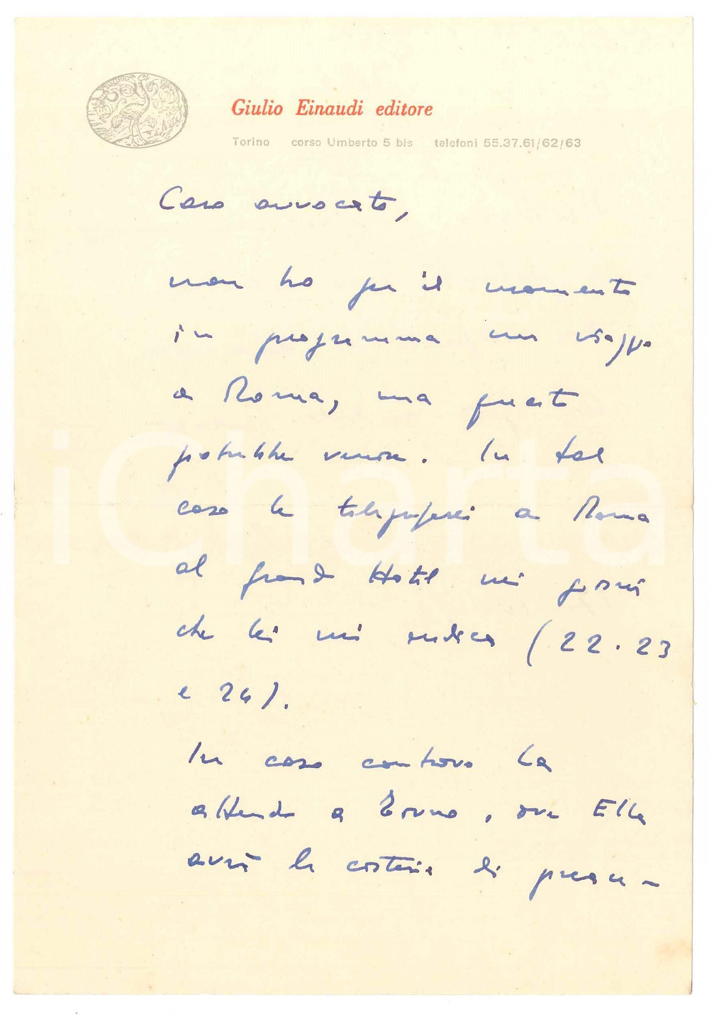 Autografo originale 1952 TORINO Giulio EINAUDI attende un incontro con un avvocato  Autografo 1