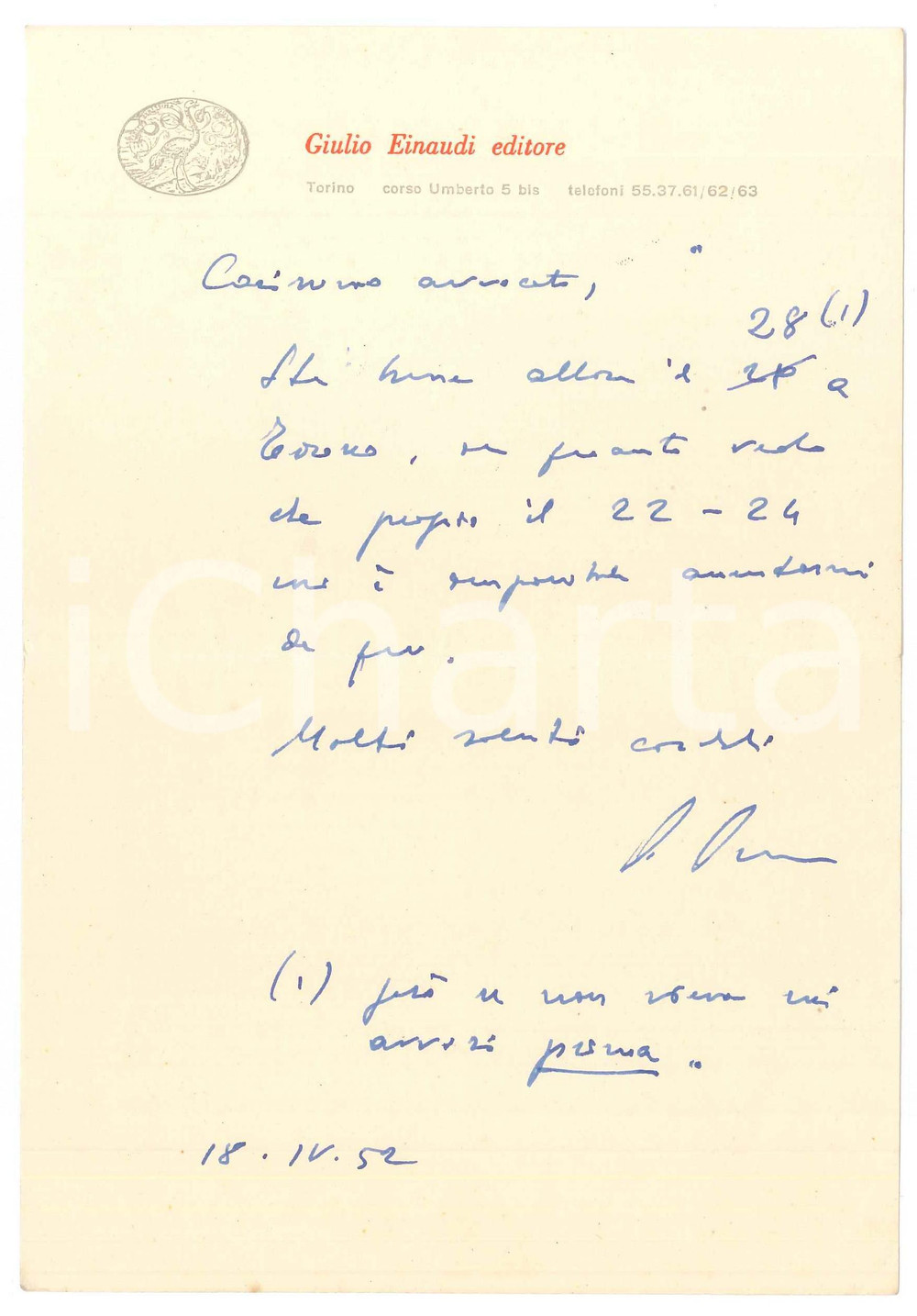 Autografo originale 1952 TORINO Lettera Giulio EINAUDI per appuntamento  Autografo 1