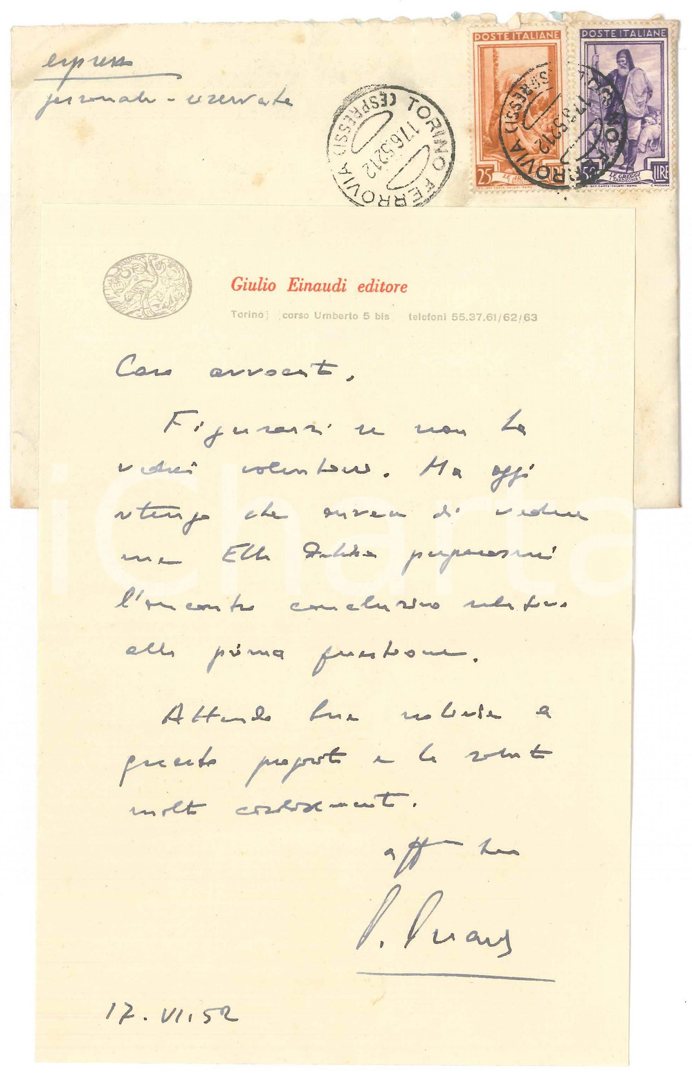 Autografo originale 1952 TORINO Lettera Giulio EINAUDI per rimandare un appuntamento Autografo 1